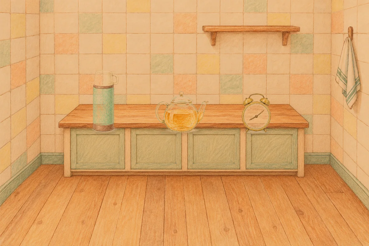 송정동 여성전용 얼굴 경락 안내 그림, 저녁의 부엌 나무 조리대 위에 놓인 보온병, 유리 티포트, 둥근 알람시계