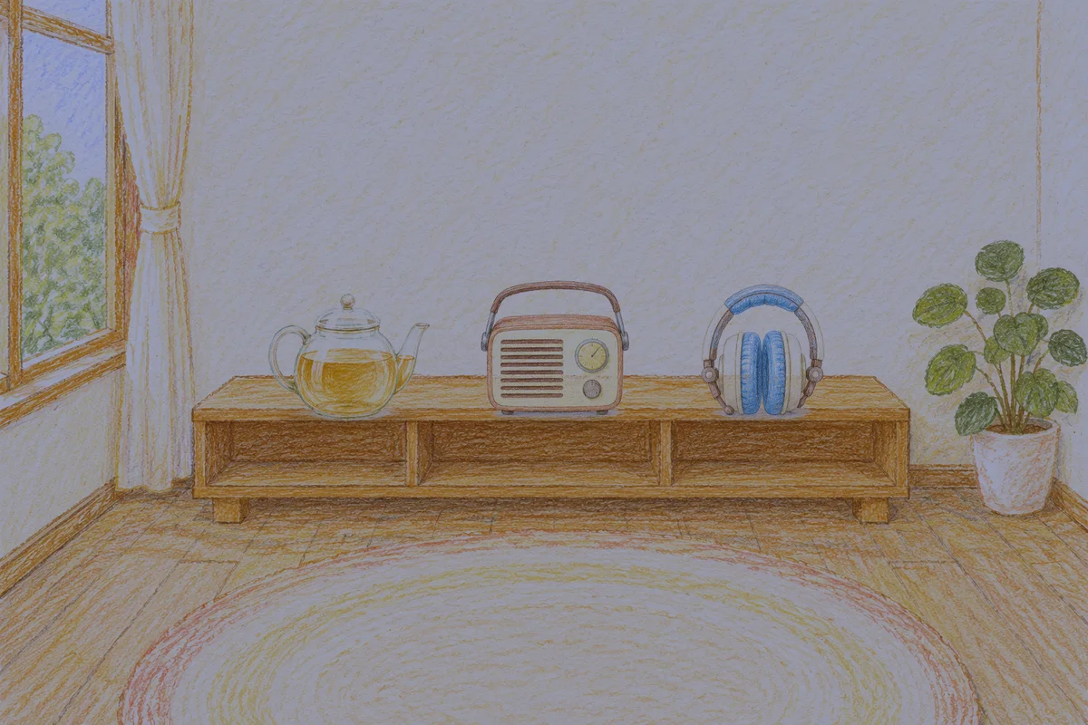 송정동 여성전용 경락 추천 안내 그림, 밤의 창가 낮은 선반 위에 놓인 유리 티포트, 작은 라디오, 헤드폰