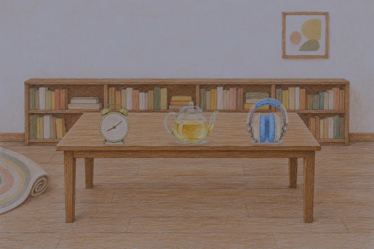 송정동 여성전용 방문 홈케어 안내 그림, 밤의 서재 긴 책상 위에 놓인 둥근 알람시계, 유리 티포트, 헤드폰