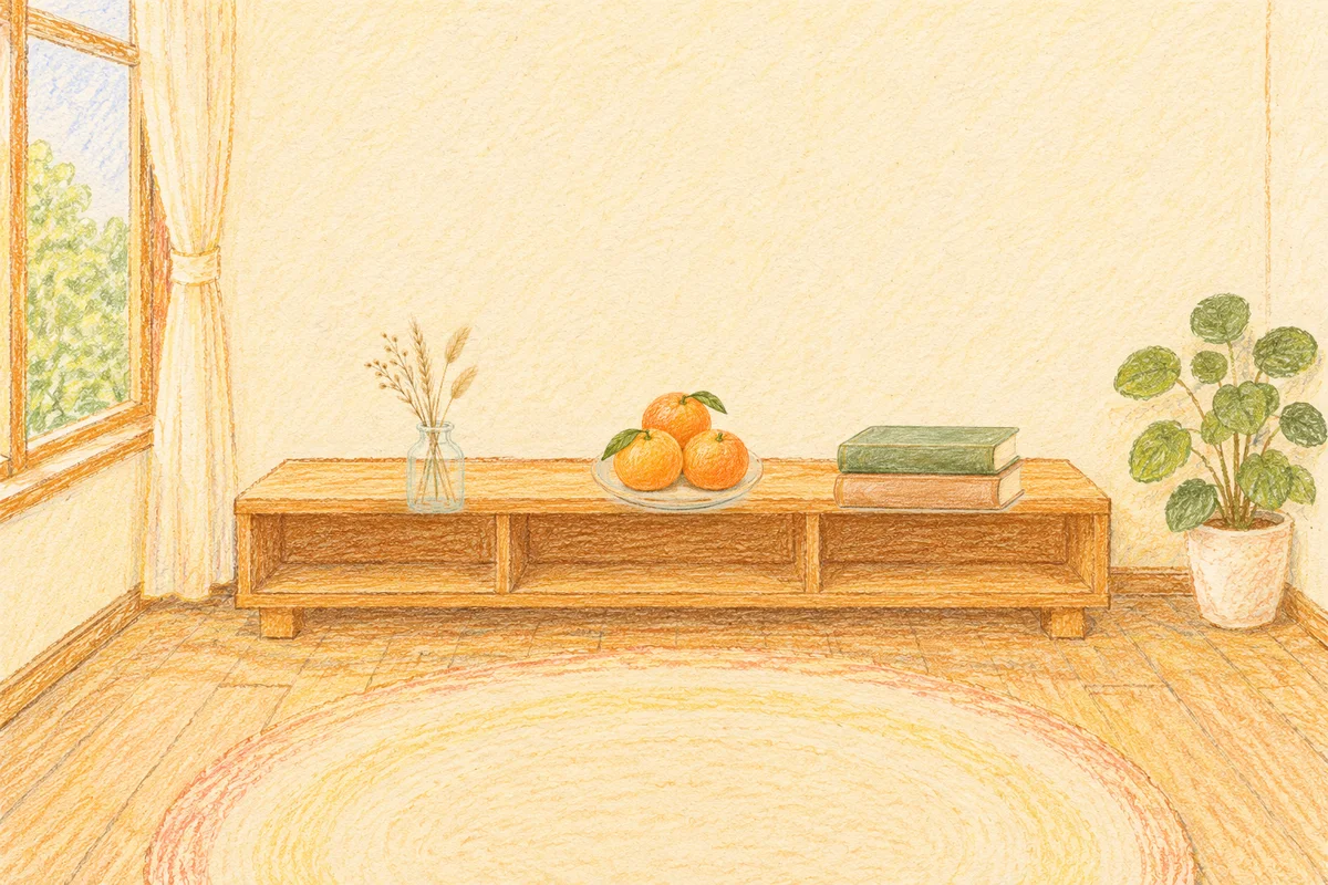 송정동 여성전용 1인샵 안내 그림, 낮의 창가 낮은 선반 위에 놓인 마른 풀을 꽂은 항아리, 귤이 담긴 접시, 책 두 권