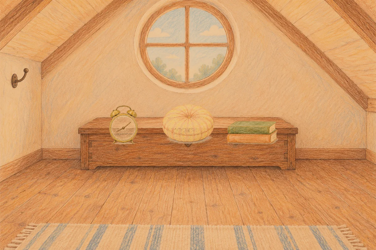 송정동 여성전용 프라이빗 케어 안내 그림, 저녁의 다락방 나무 궤짝 위에 놓인 둥근 알람시계, 둥근 쿠션, 책 두 권