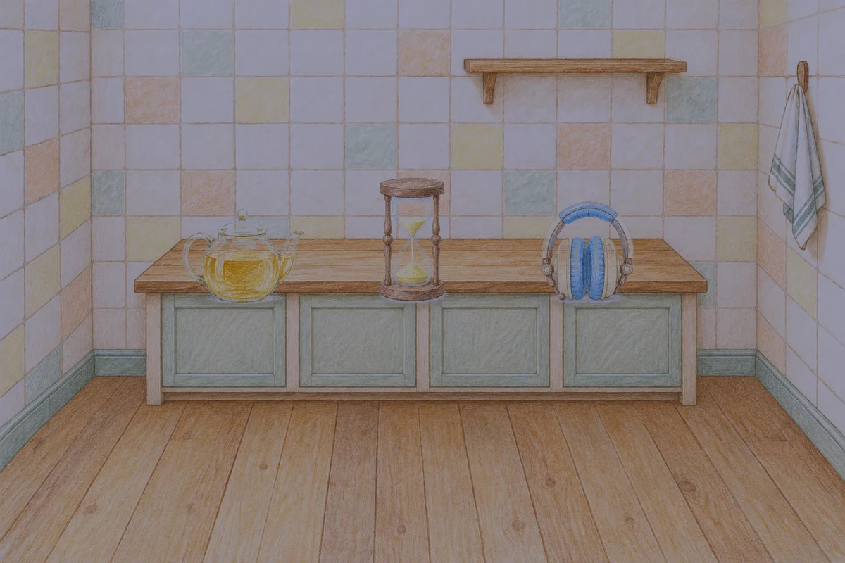 송정동 여성전용 발관리 안내 그림, 밤의 부엌 나무 조리대 위에 놓인 유리 티포트, 모래시계, 헤드폰