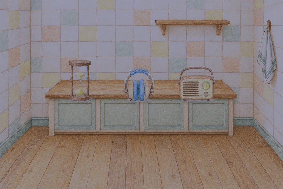 송정동 여성전용 발 부종 케어 안내 그림, 밤의 부엌 나무 조리대 위에 놓인 모래시계, 헤드폰, 작은 라디오