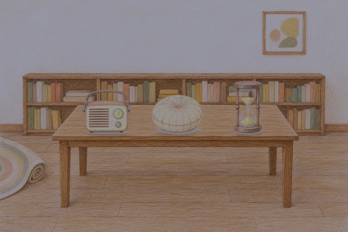 송정동 여성전용 발관리 후기 안내 그림, 밤의 서재 긴 책상 위에 놓인 작은 라디오, 둥근 쿠션, 모래시계