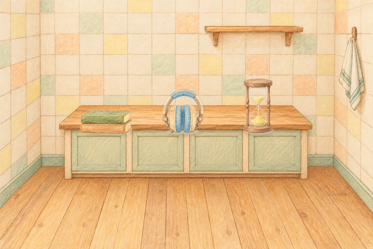 송정동 여성전용 림프 마사지 안내 그림, 낮의 부엌 나무 조리대 위에 놓인 책 두 권, 헤드폰, 모래시계