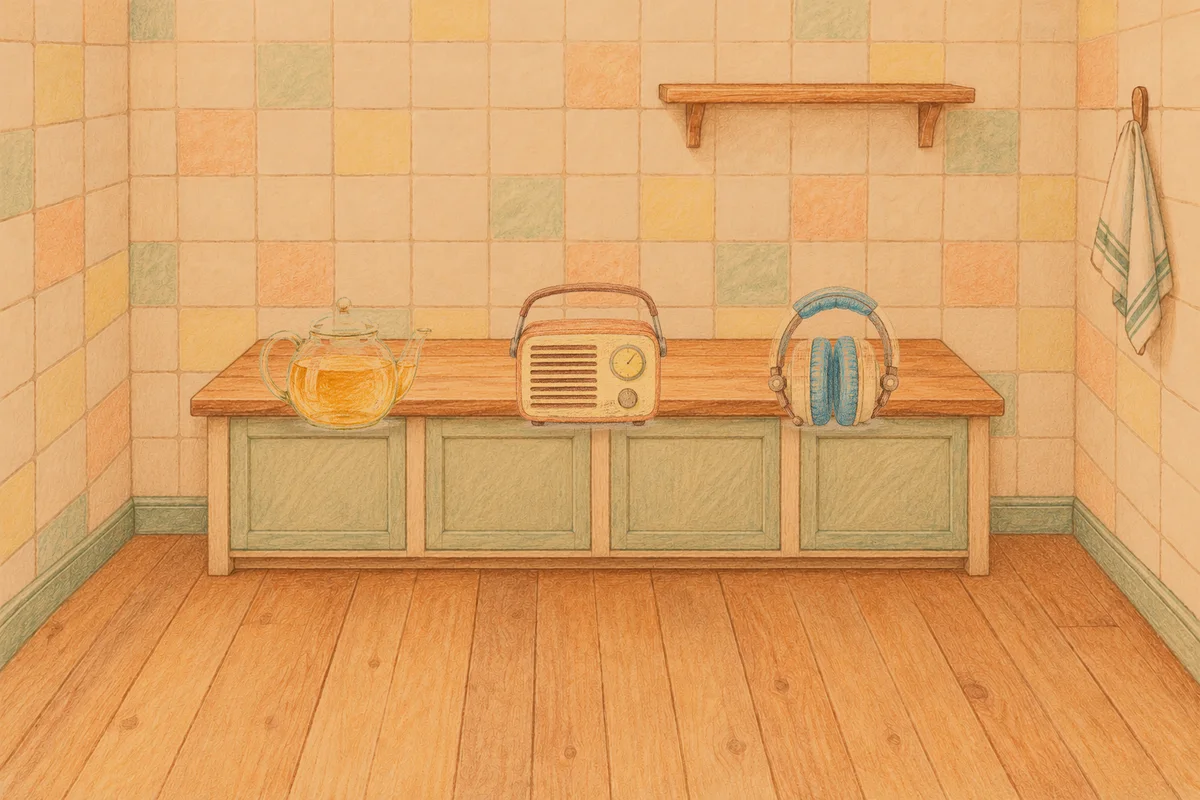 송정동 여성전용 디톡스 마사지 안내 그림, 저녁의 부엌 나무 조리대 위에 놓인 유리 티포트, 작은 라디오, 헤드폰