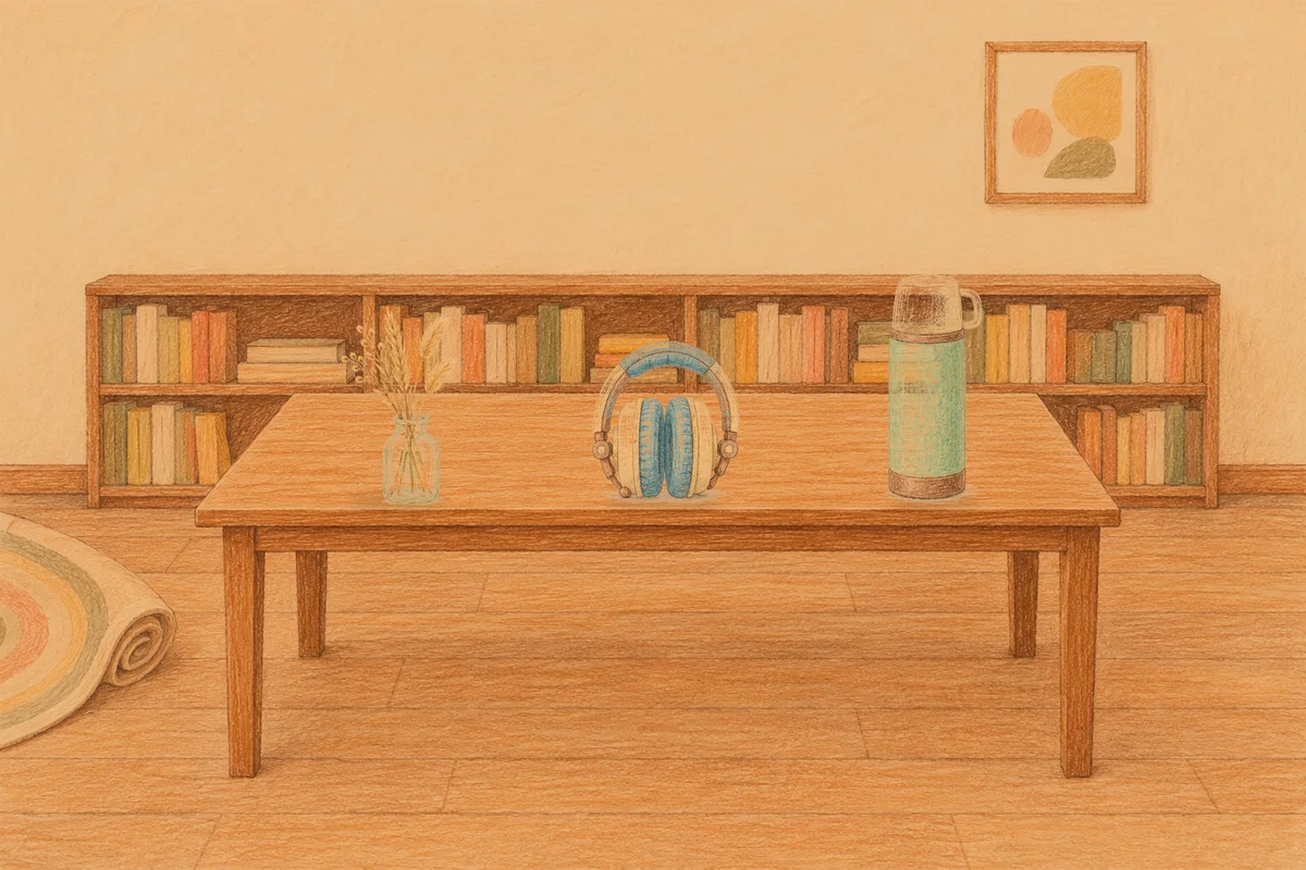 송정동 여성전용 복부 마사지 안내 그림, 저녁의 서재 긴 책상 위에 놓인 마른 풀을 꽂은 항아리, 헤드폰, 보온병