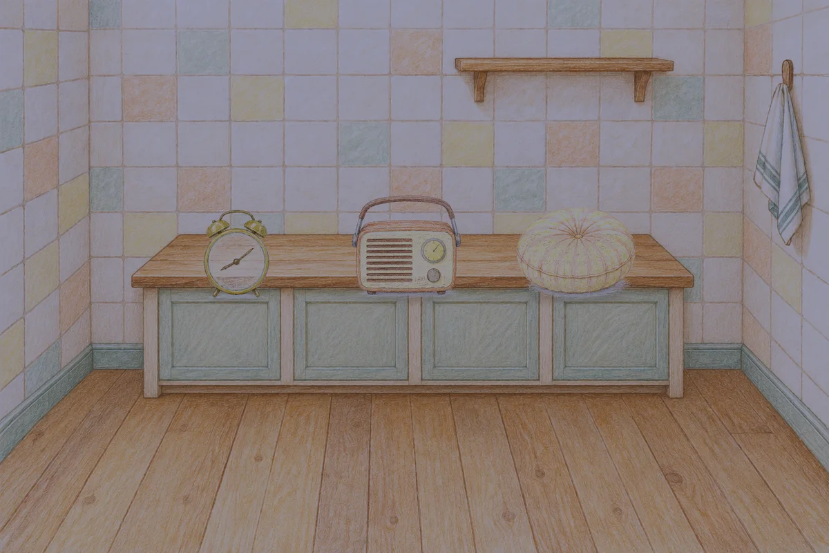 송정동 여성전용 종아리 케어 안내 그림, 밤의 부엌 나무 조리대 위에 놓인 둥근 알람시계, 작은 라디오, 둥근 쿠션
