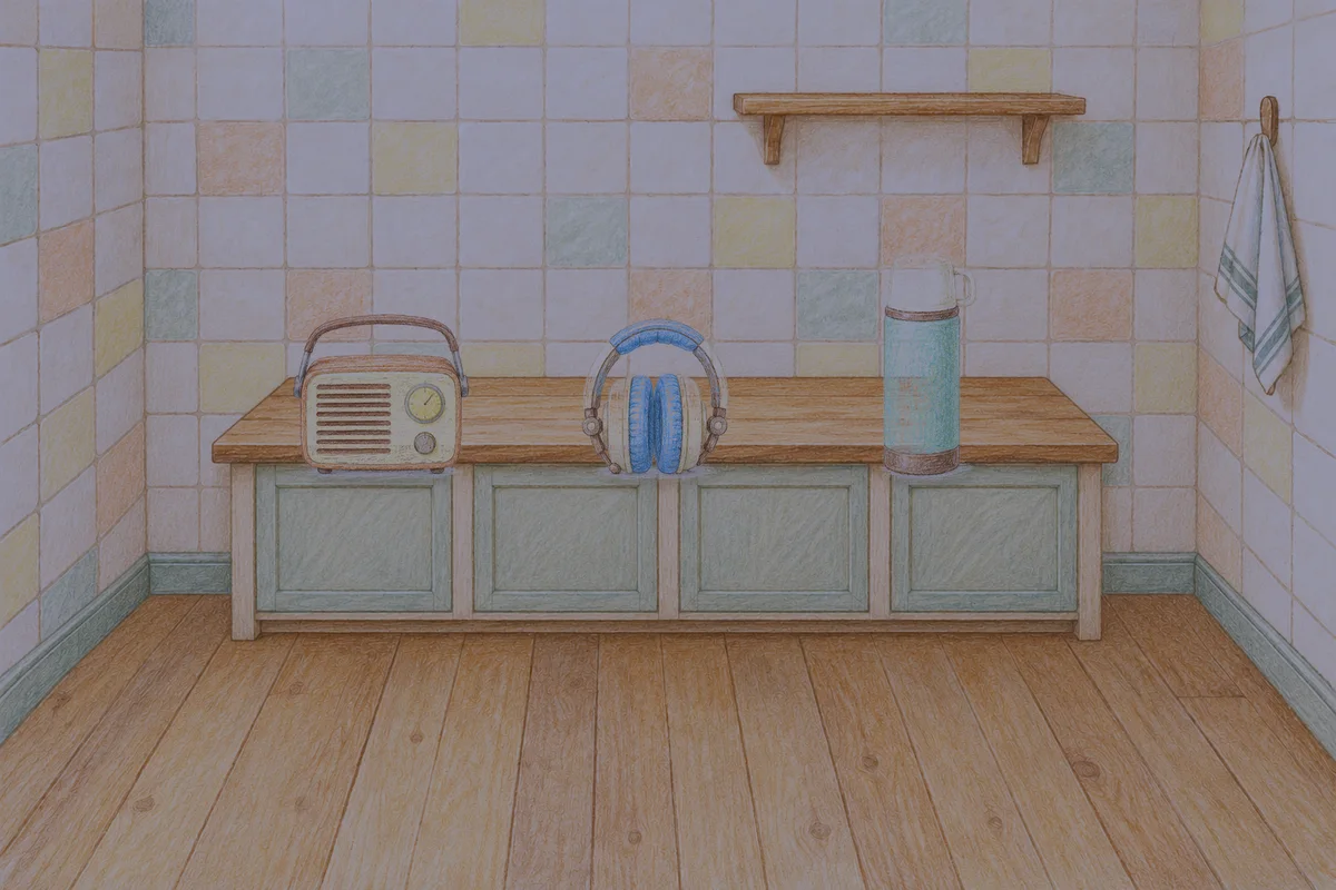 송정동 여성전용 두피 마사지 안내 그림, 밤의 부엌 나무 조리대 위에 놓인 작은 라디오, 헤드폰, 보온병