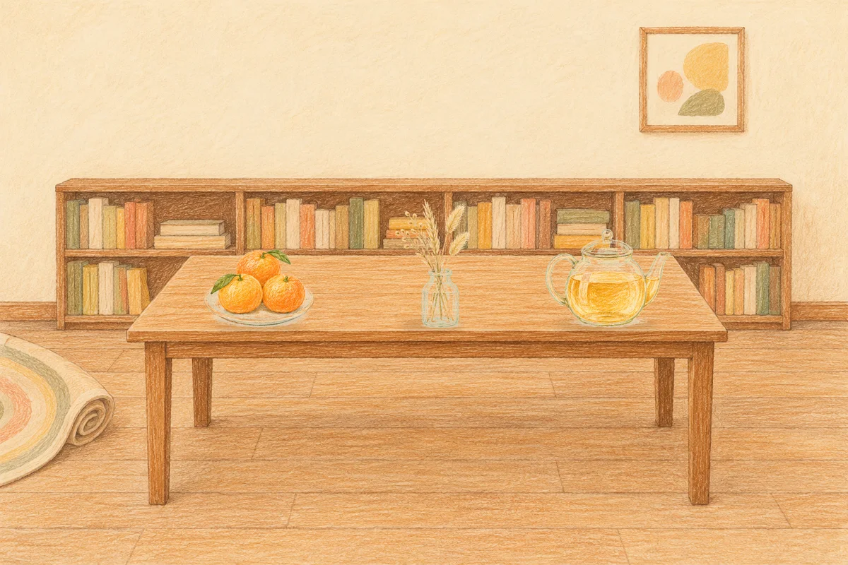 송정동 여성전용 어깨 마사지 안내 그림, 낮의 서재 긴 책상 위에 놓인 귤이 담긴 접시, 마른 풀을 꽂은 항아리, 유리 티포트