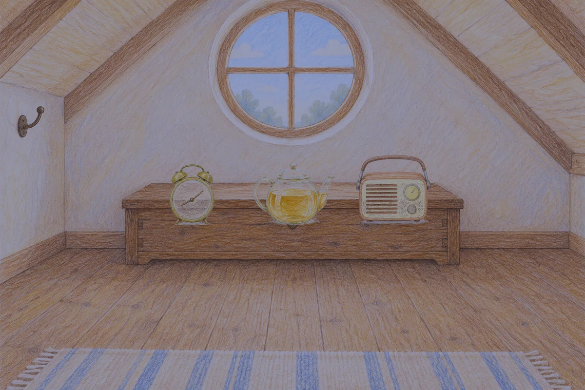 송정동 여성전용 수면 케어 안내 그림, 밤의 다락방 나무 궤짝 위에 놓인 둥근 알람시계, 유리 티포트, 작은 라디오