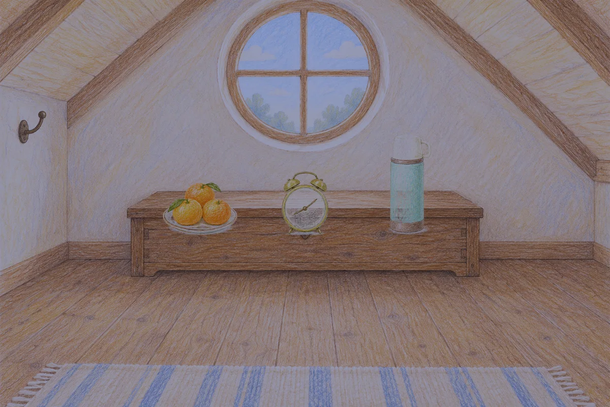 송정동 여성전용 페이셜 마사지 안내 그림, 밤의 다락방 나무 궤짝 위에 놓인 귤이 담긴 접시, 둥근 알람시계, 보온병