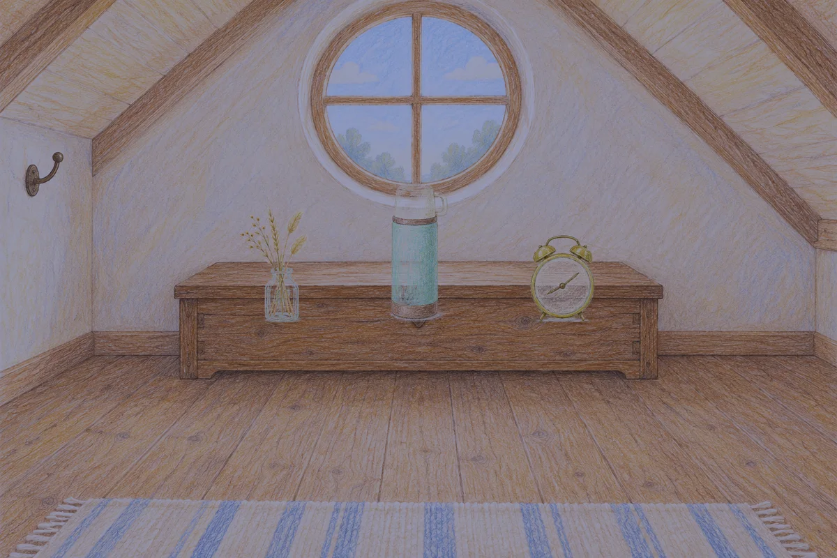 송정동 여성전용 얼굴 마사지 안내 그림, 밤의 다락방 나무 궤짝 위에 놓인 마른 풀을 꽂은 항아리, 보온병, 둥근 알람시계
