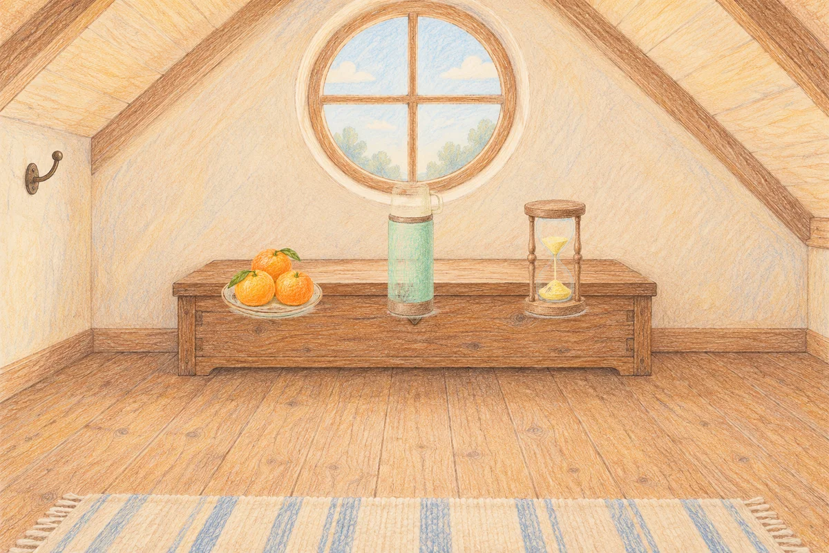 송정동 여성전용 예약 마사지 안내 그림, 낮의 다락방 나무 궤짝 위에 놓인 귤이 담긴 접시, 보온병, 모래시계