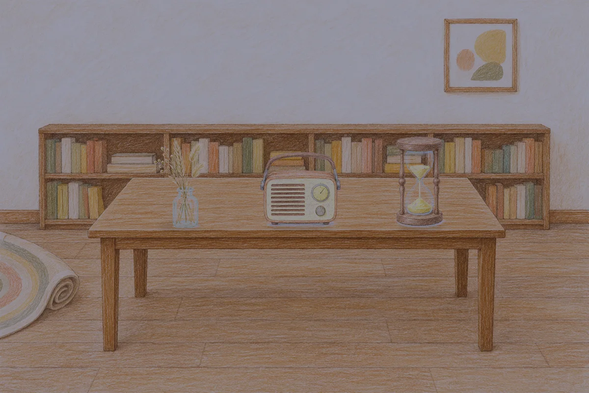 송정동 여성전용 후기 마사지 안내 그림, 밤의 서재 긴 책상 위에 놓인 마른 풀을 꽂은 항아리, 작은 라디오, 모래시계