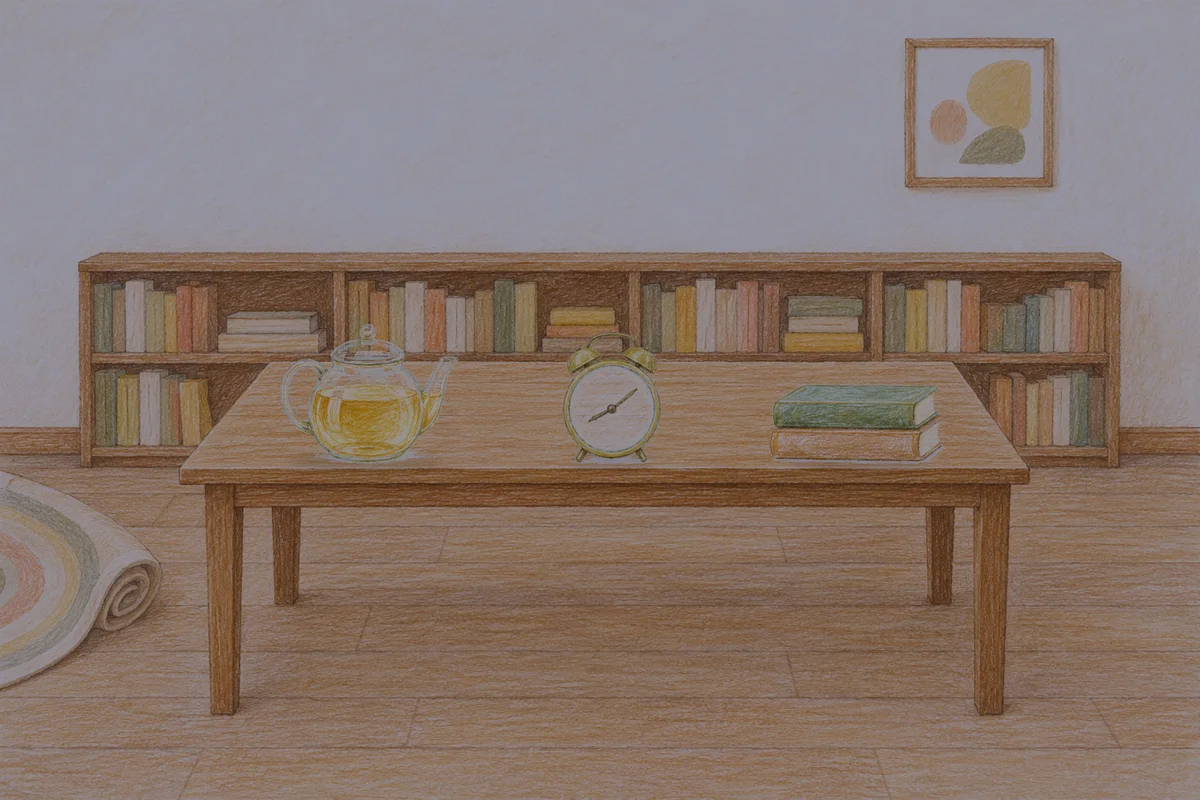 송정동 여성전용 추천 마사지 안내 그림, 밤의 서재 긴 책상 위에 놓인 유리 티포트, 둥근 알람시계, 책 두 권