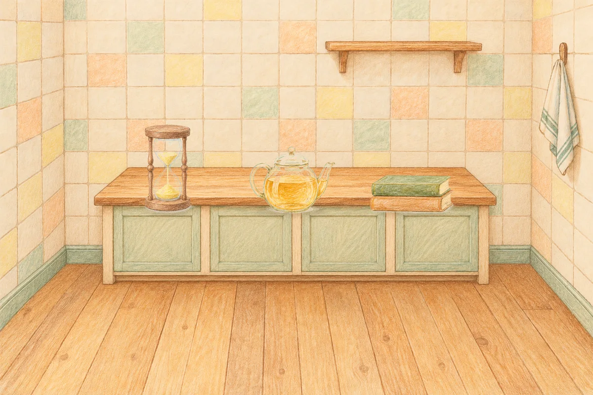 용답동 여성전용 아로마테라피 안내 그림, 낮의 부엌 나무 조리대 위에 놓인 모래시계, 유리 티포트, 책 두 권