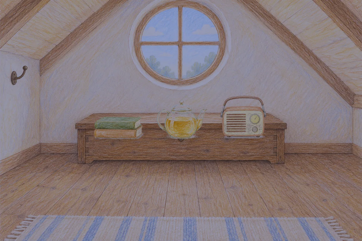 용답동 여성전용 스웨디시 가격 안내 그림, 밤의 다락방 나무 궤짝 위에 놓인 책 두 권, 유리 티포트, 작은 라디오