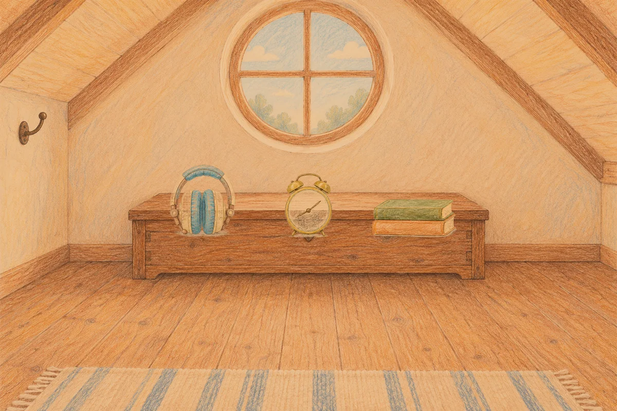 용답동 여성전용 경락마사지 안내 그림, 저녁의 다락방 나무 궤짝 위에 놓인 헤드폰, 둥근 알람시계, 책 두 권