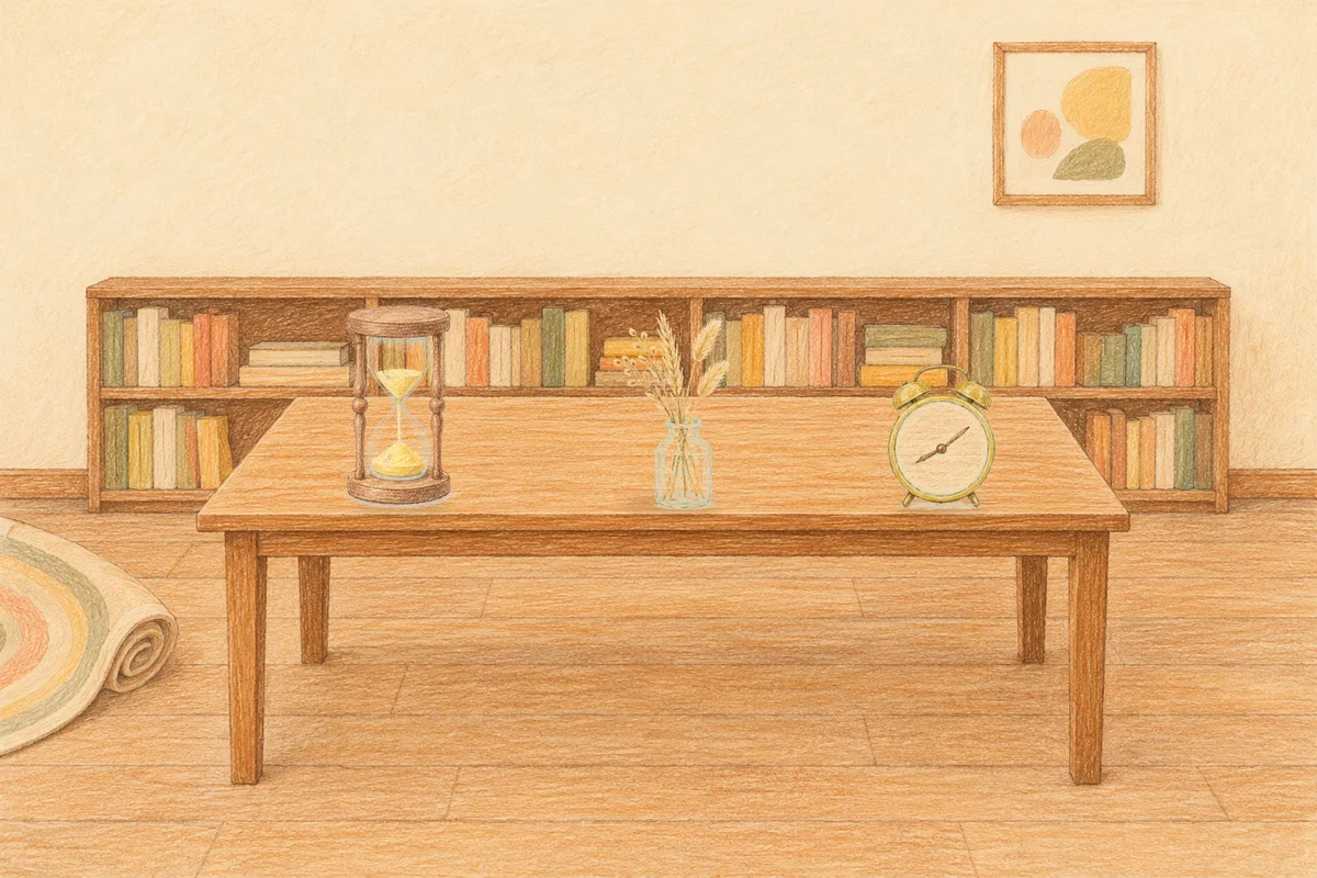 용답동 여성전용 바디 경락 안내 그림, 낮의 서재 긴 책상 위에 놓인 모래시계, 마른 풀을 꽂은 항아리, 둥근 알람시계