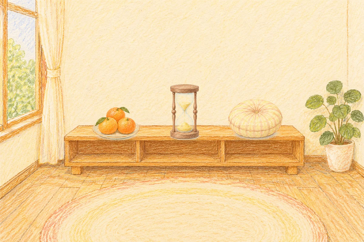용답동 여성전용 경락 추천 안내 그림, 낮의 창가 낮은 선반 위에 놓인 귤이 담긴 접시, 모래시계, 둥근 쿠션