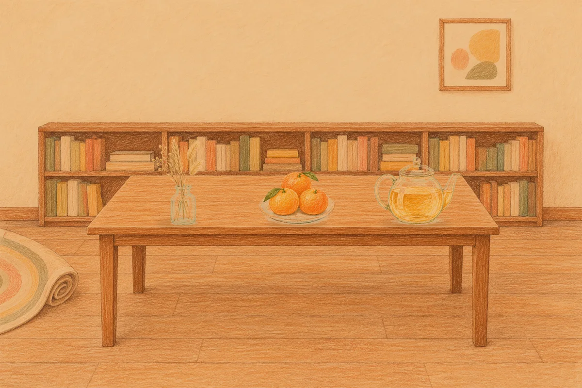 용답동 여성전용 방문 마사지 안내 그림, 저녁의 서재 긴 책상 위에 놓인 마른 풀을 꽂은 항아리, 귤이 담긴 접시, 유리 티포트