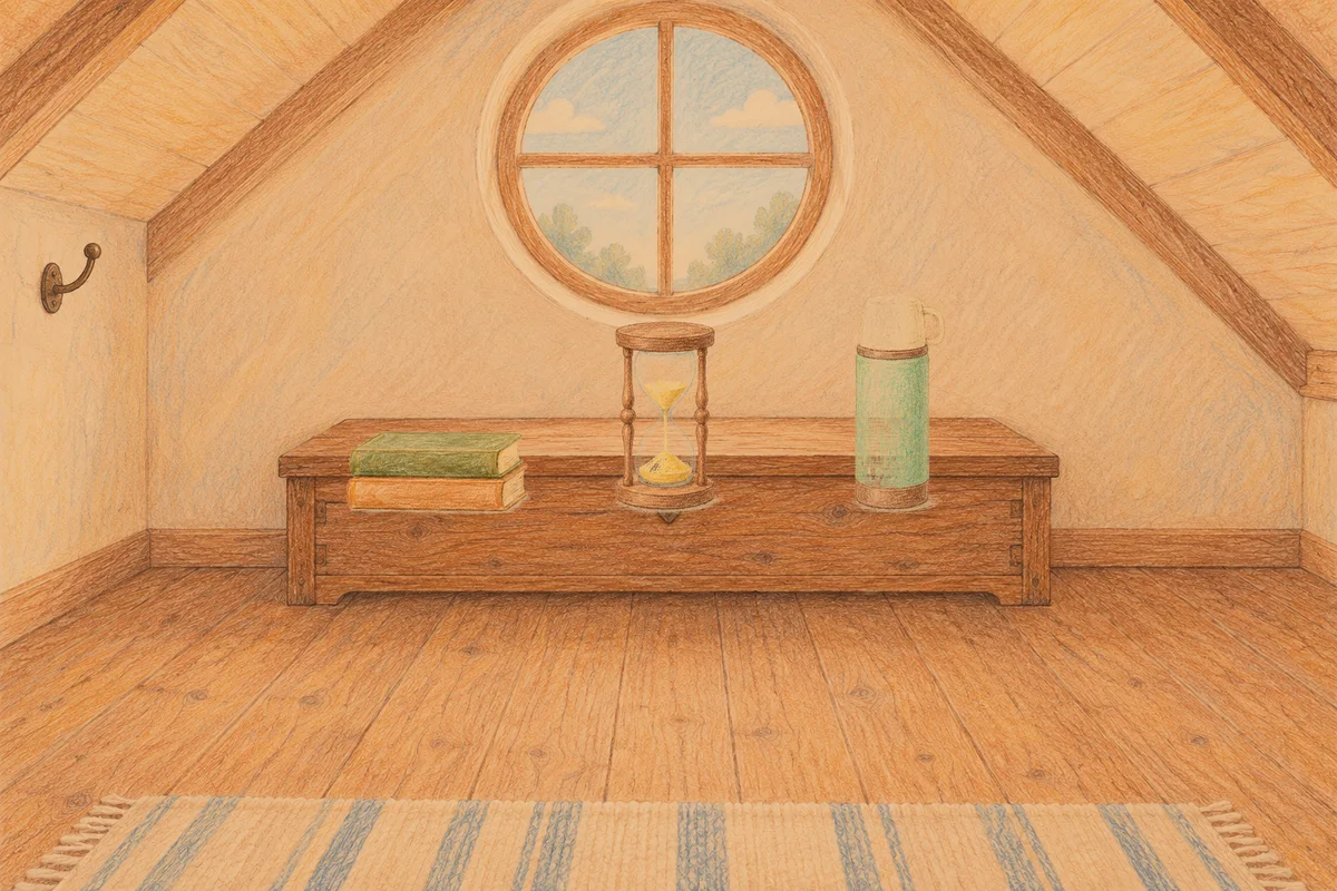 용답동 여성전용 프라이빗 케어 안내 그림, 저녁의 다락방 나무 궤짝 위에 놓인 책 두 권, 모래시계, 보온병