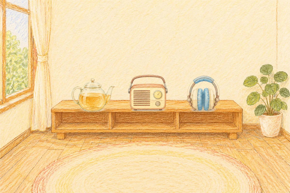 용답동 여성전용 홈케어 후기 안내 그림, 낮의 창가 낮은 선반 위에 놓인 유리 티포트, 작은 라디오, 헤드폰