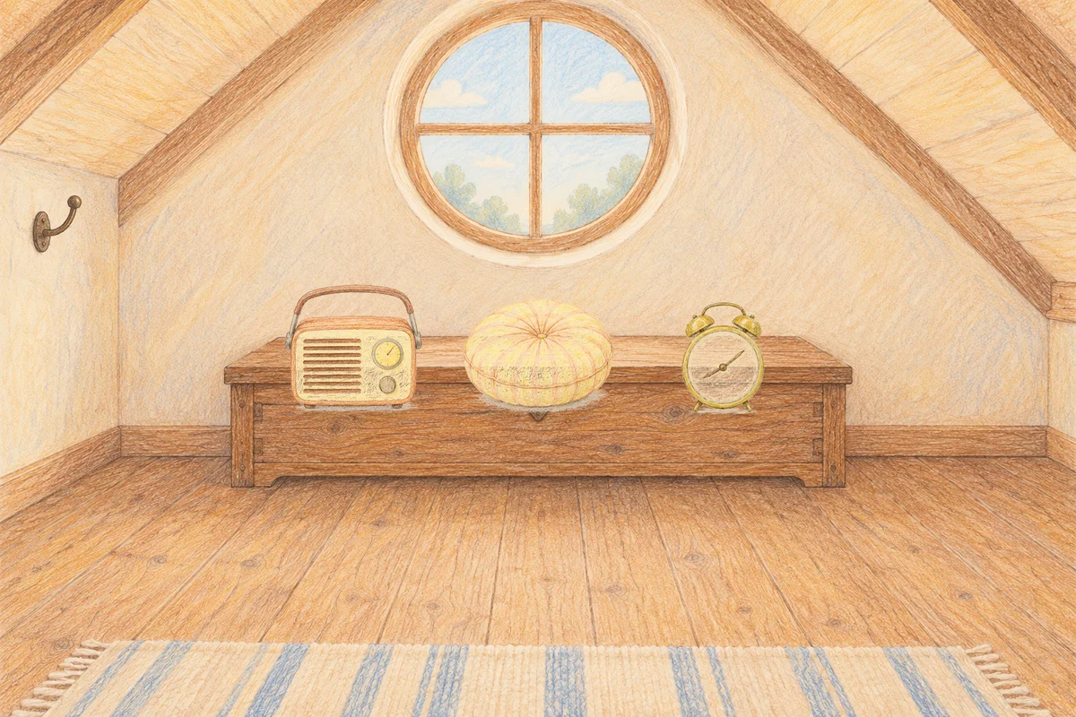 용답동 여성전용 홈케어 추천 안내 그림, 낮의 다락방 나무 궤짝 위에 놓인 작은 라디오, 둥근 쿠션, 둥근 알람시계