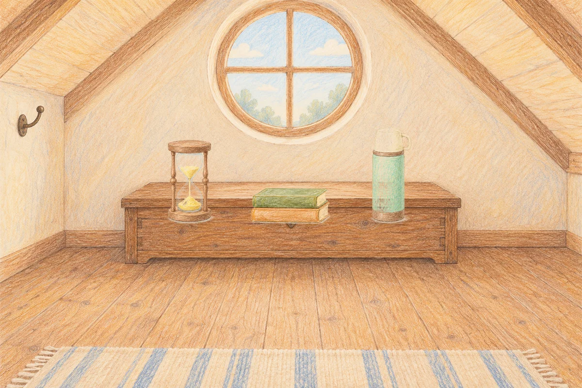 용답동 여성전용 발관리 안내 그림, 낮의 다락방 나무 궤짝 위에 놓인 모래시계, 책 두 권, 보온병