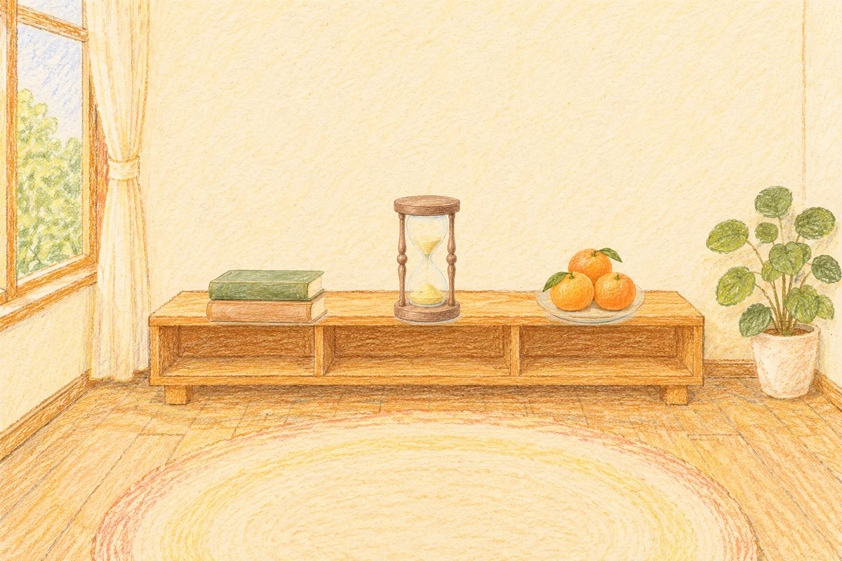 용답동 여성전용 발마사지 안내 그림, 낮의 창가 낮은 선반 위에 놓인 책 두 권, 모래시계, 귤이 담긴 접시