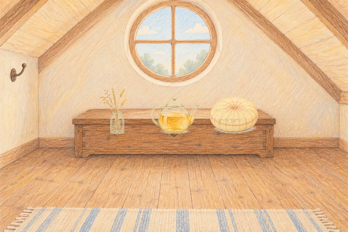 용답동 여성전용 셀룰라이트 관리 안내 그림, 낮의 다락방 나무 궤짝 위에 놓인 마른 풀을 꽂은 항아리, 유리 티포트, 둥근 쿠션