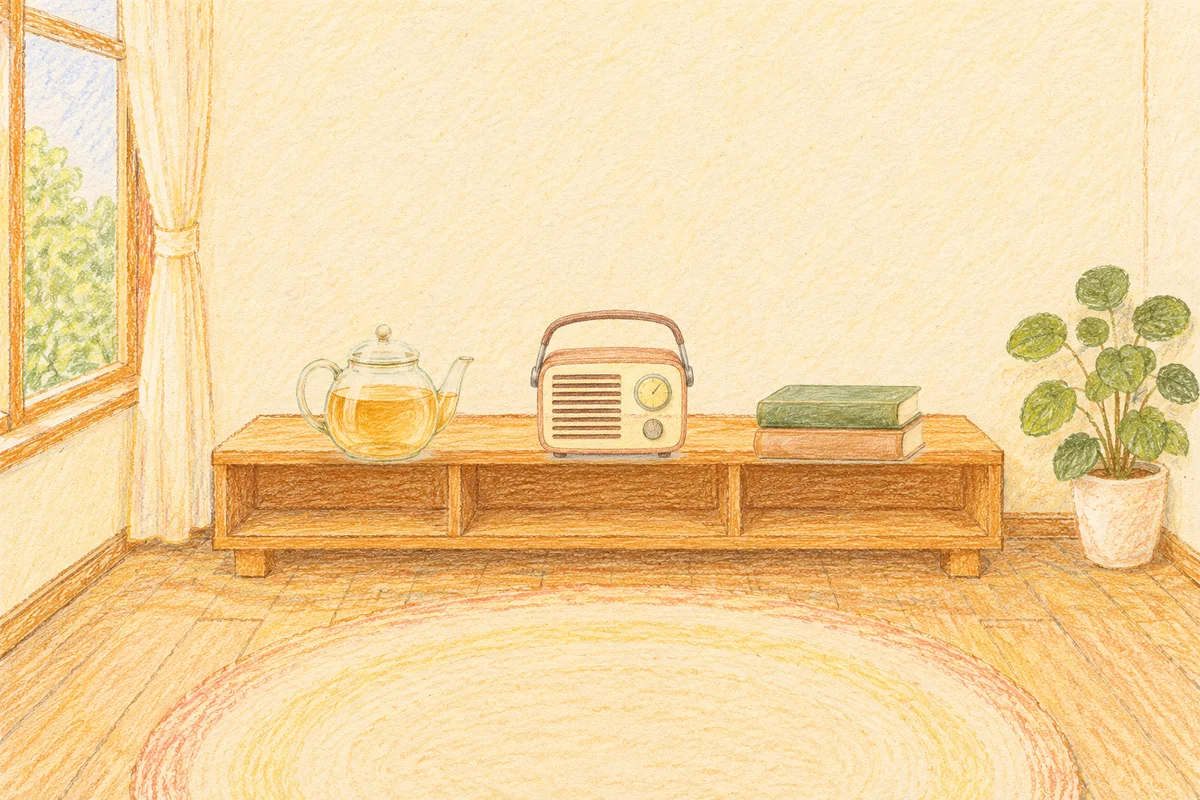 용답동 여성전용 바디 케어 안내 그림, 낮의 창가 낮은 선반 위에 놓인 유리 티포트, 작은 라디오, 책 두 권