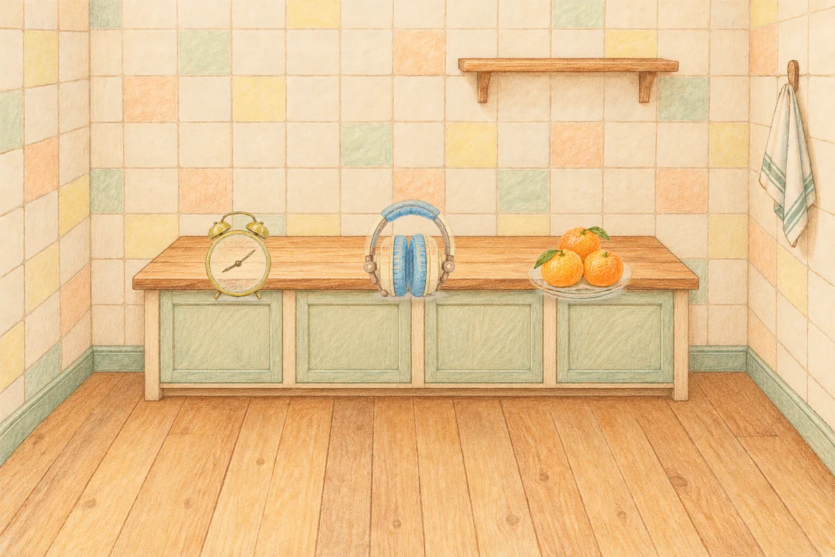 용답동 여성전용 디톡스 마사지 안내 그림, 낮의 부엌 나무 조리대 위에 놓인 둥근 알람시계, 헤드폰, 귤이 담긴 접시