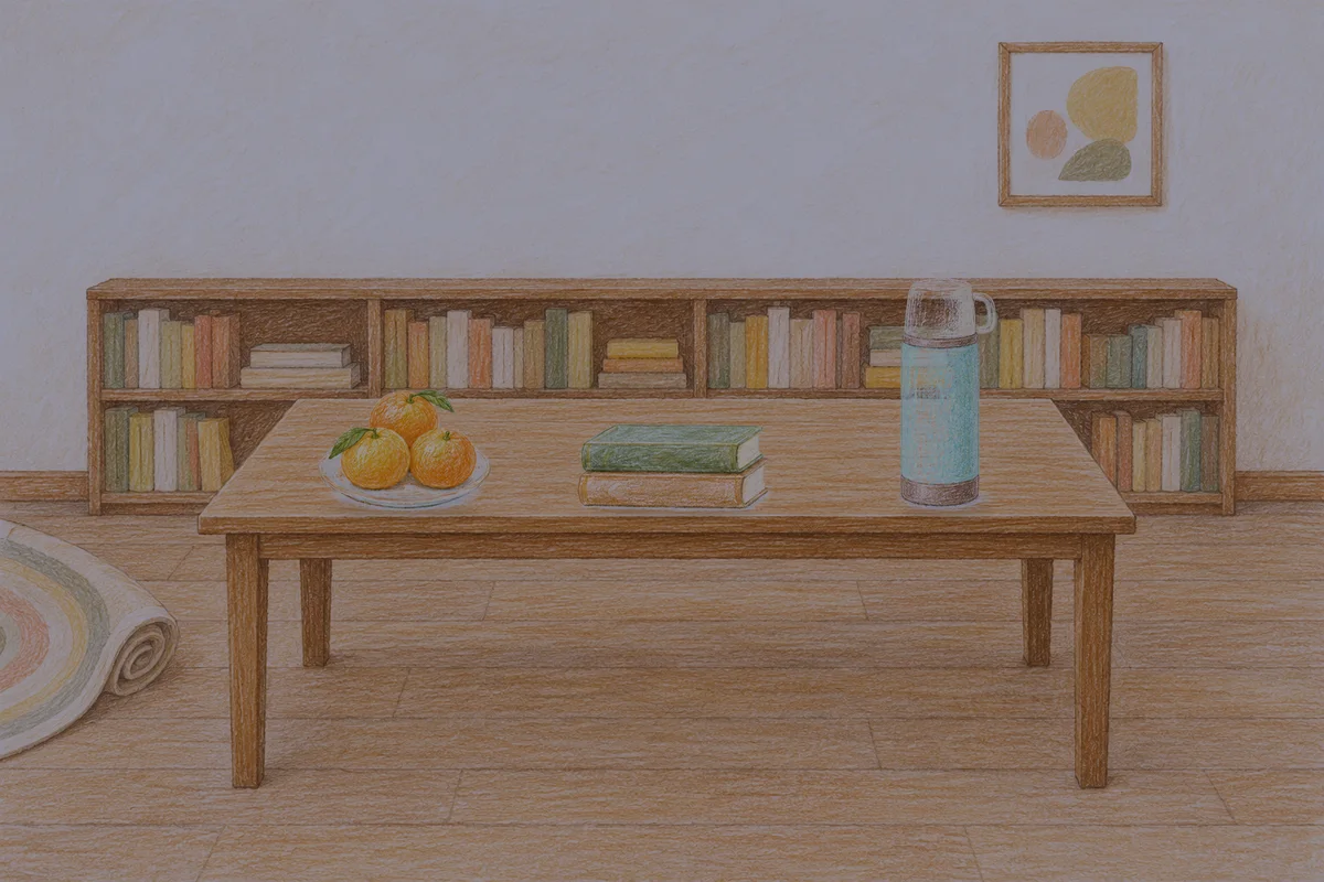 용답동 여성전용 복부 마사지 안내 그림, 밤의 서재 긴 책상 위에 놓인 귤이 담긴 접시, 책 두 권, 보온병