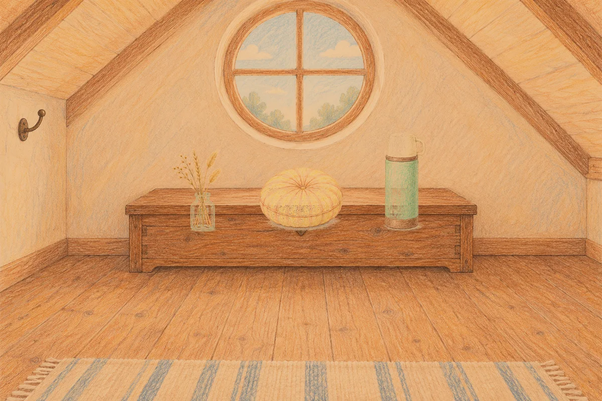 용답동 여성전용 두피 케어 안내 그림, 저녁의 다락방 나무 궤짝 위에 놓인 마른 풀을 꽂은 항아리, 둥근 쿠션, 보온병