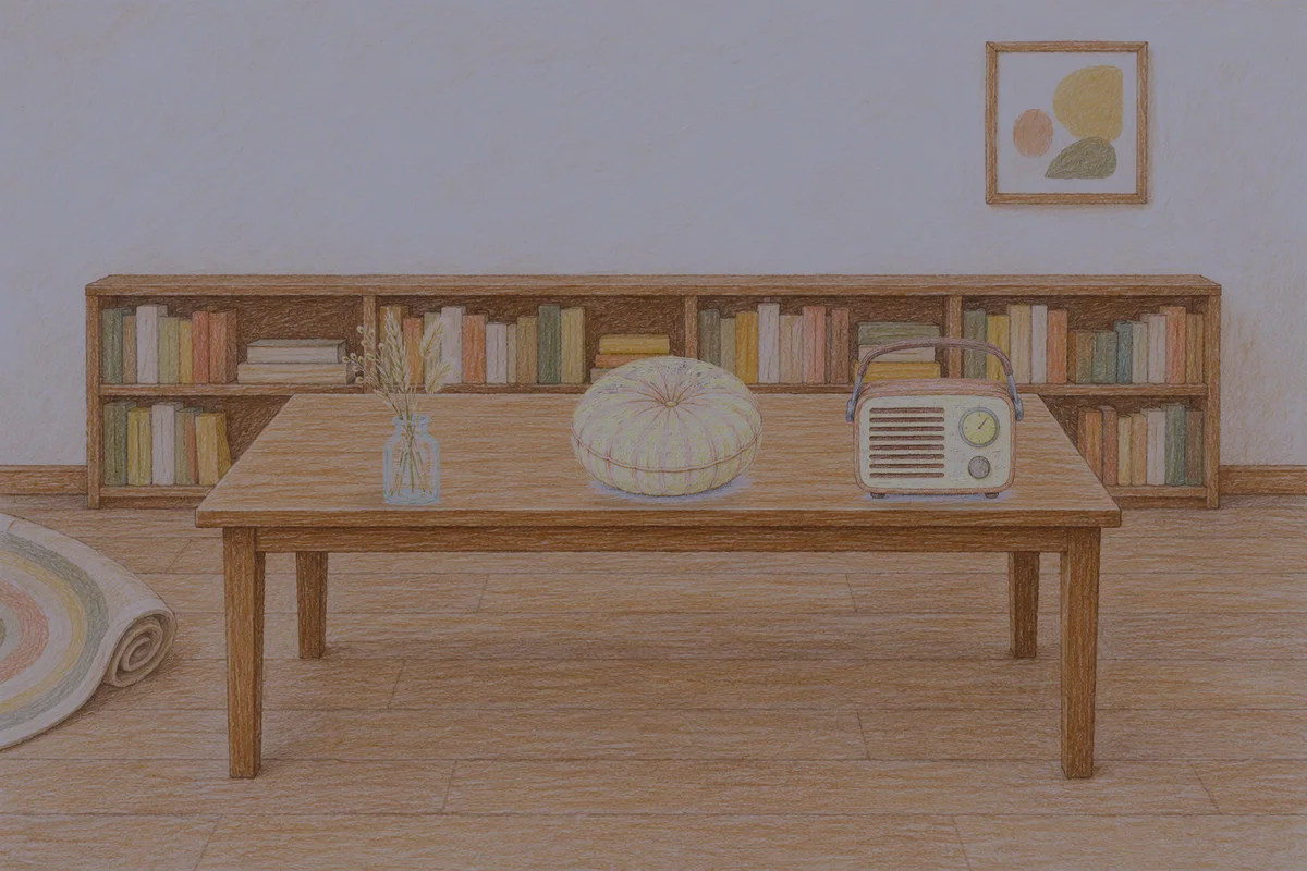 용답동 여성전용 목 어깨 케어 안내 그림, 밤의 서재 긴 책상 위에 놓인 마른 풀을 꽂은 항아리, 둥근 쿠션, 작은 라디오