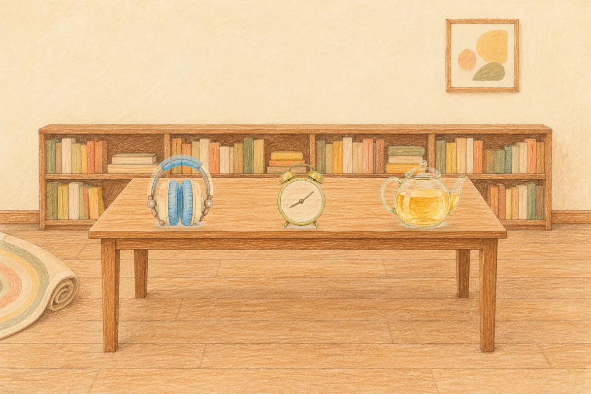 용답동 여성전용 페이셜 마사지 안내 그림, 낮의 서재 긴 책상 위에 놓인 헤드폰, 둥근 알람시계, 유리 티포트