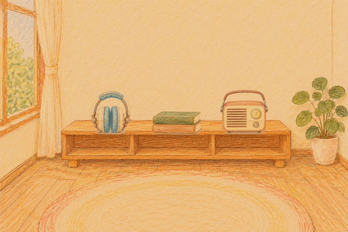 용답동 여성전용 얼굴 마사지 안내 그림, 저녁의 창가 낮은 선반 위에 놓인 헤드폰, 책 두 권, 작은 라디오