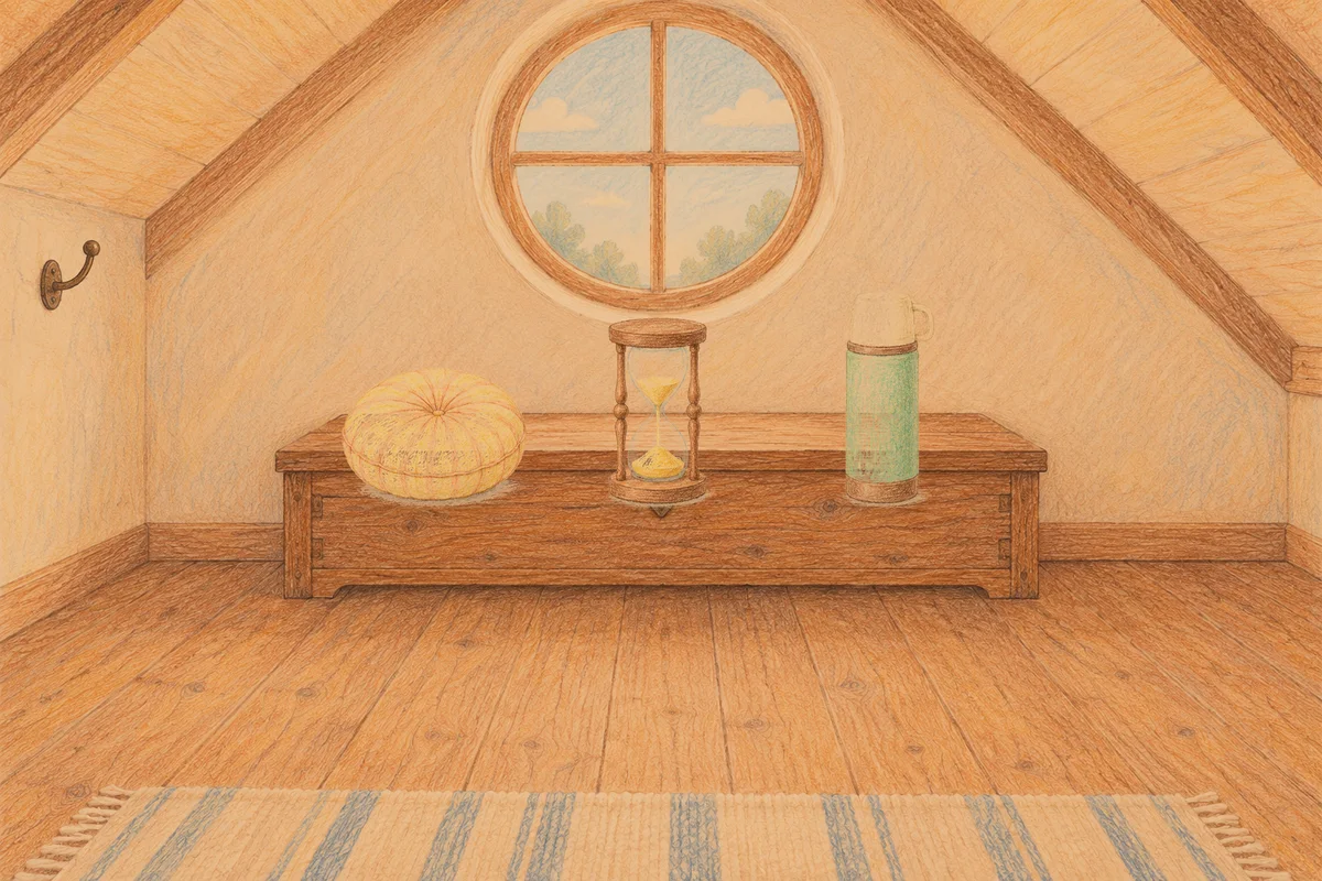 용답동 여성전용 림프 페이셜 안내 그림, 저녁의 다락방 나무 궤짝 위에 놓인 둥근 쿠션, 모래시계, 보온병