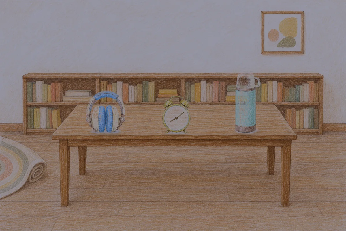 용답동 여성전용 안티에이징 케어 안내 그림, 밤의 서재 긴 책상 위에 놓인 헤드폰, 둥근 알람시계, 보온병
