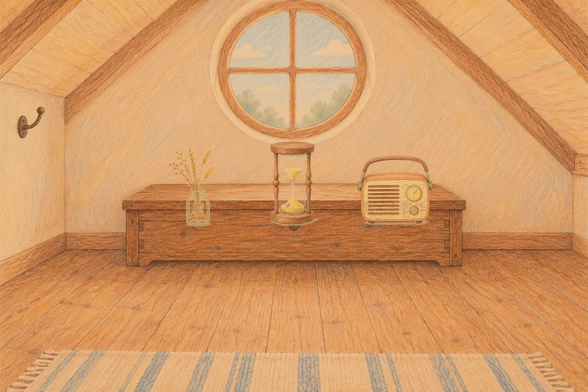 용답동 여성전용 샵 마사지 안내 그림, 저녁의 다락방 나무 궤짝 위에 놓인 마른 풀을 꽂은 항아리, 모래시계, 작은 라디오