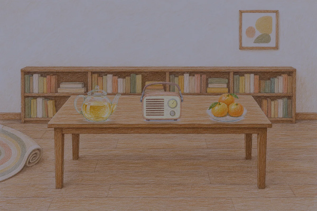 사근동 여성전용 스웨디시 마사지 안내 그림, 밤의 서재 긴 책상 위에 놓인 유리 티포트, 작은 라디오, 귤이 담긴 접시