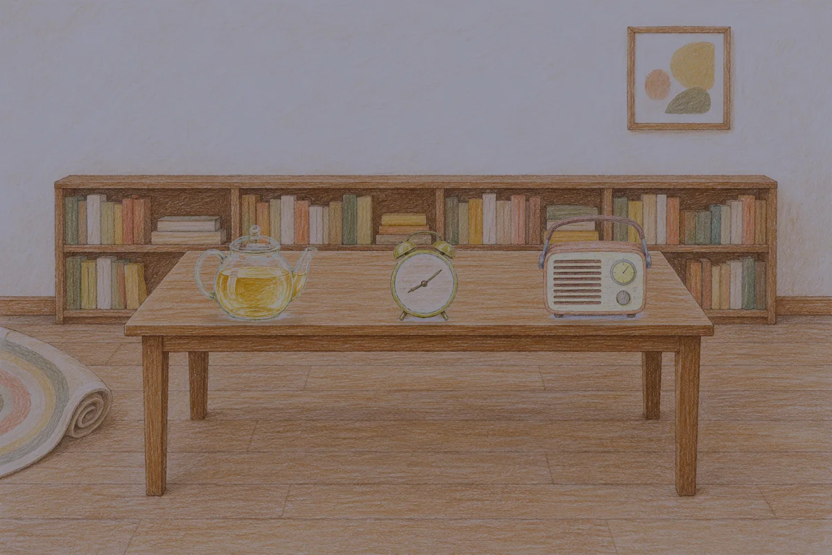 사근동 여성전용 아로마 마사지 안내 그림, 밤의 서재 긴 책상 위에 놓인 유리 티포트, 둥근 알람시계, 작은 라디오