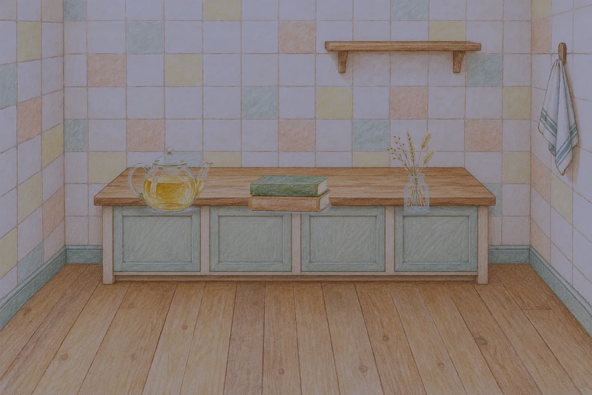 사근동 여성전용 스웨디시 홈케어 안내 그림, 밤의 부엌 나무 조리대 위에 놓인 유리 티포트, 책 두 권, 마른 풀을 꽂은 항아리