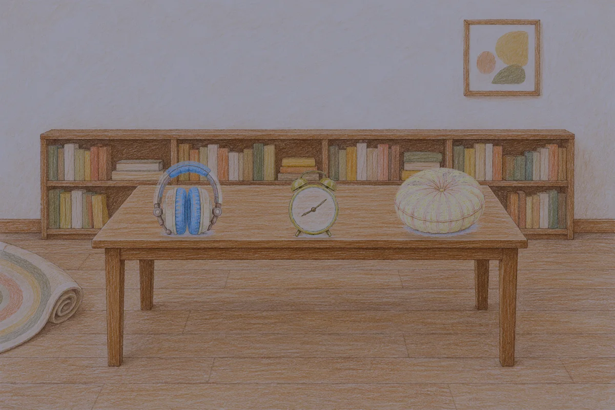 사근동 여성전용 아로마 마사지 후기 안내 그림, 밤의 서재 긴 책상 위에 놓인 헤드폰, 둥근 알람시계, 둥근 쿠션