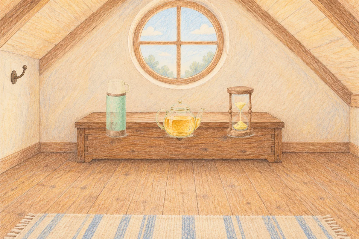 사근동 여성전용 스웨디시 추천 안내 그림, 낮의 다락방 나무 궤짝 위에 놓인 보온병, 유리 티포트, 모래시계