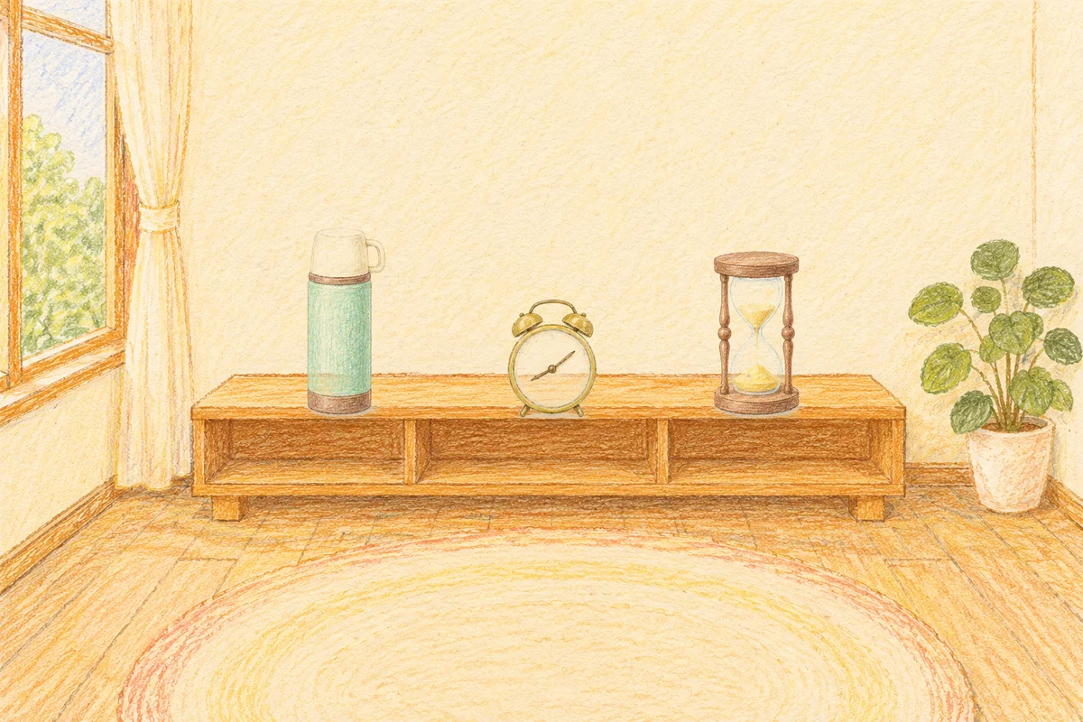 사근동 여성전용 경락 케어 안내 그림, 낮의 창가 낮은 선반 위에 놓인 보온병, 둥근 알람시계, 모래시계