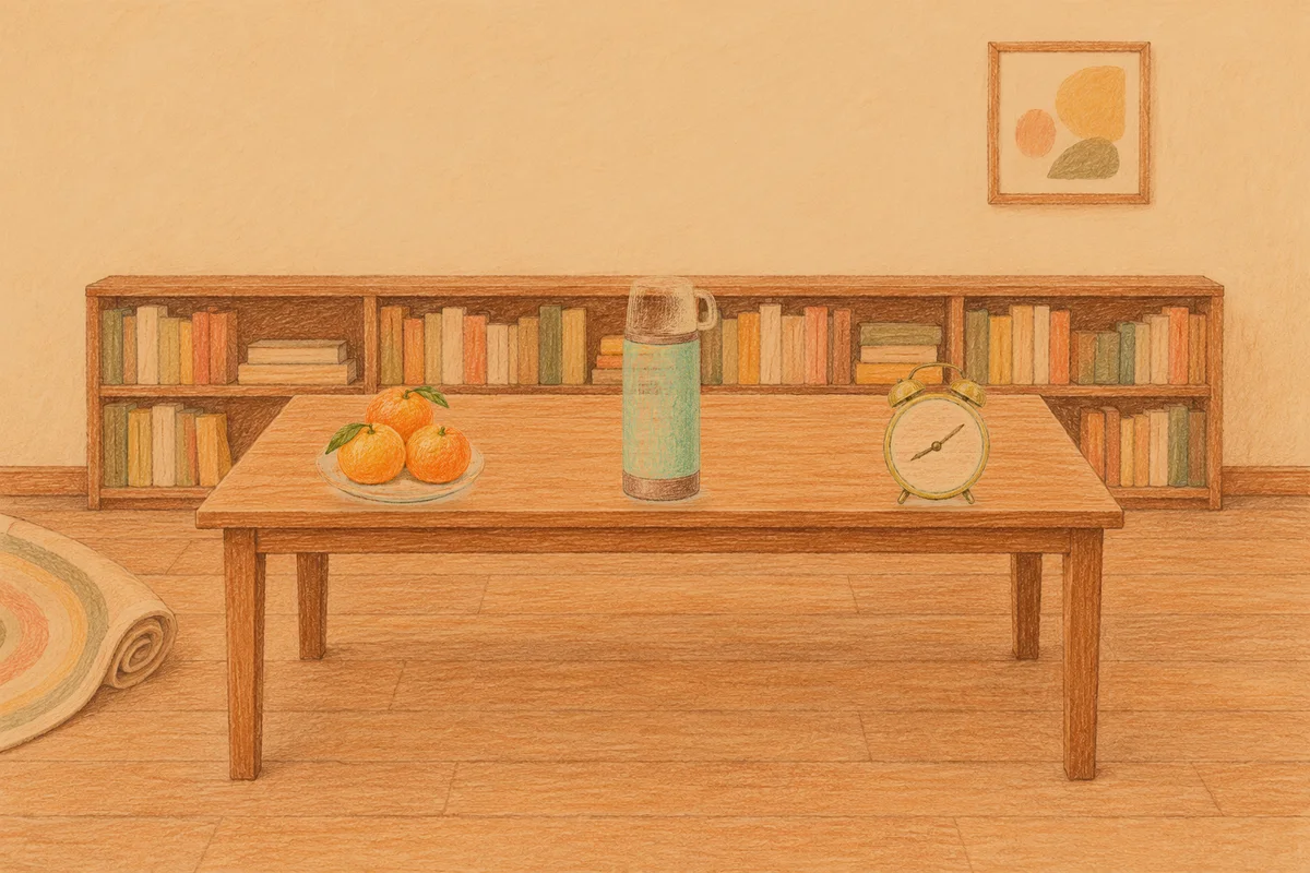 사근동 여성전용 경락마사지 후기 안내 그림, 저녁의 서재 긴 책상 위에 놓인 귤이 담긴 접시, 보온병, 둥근 알람시계