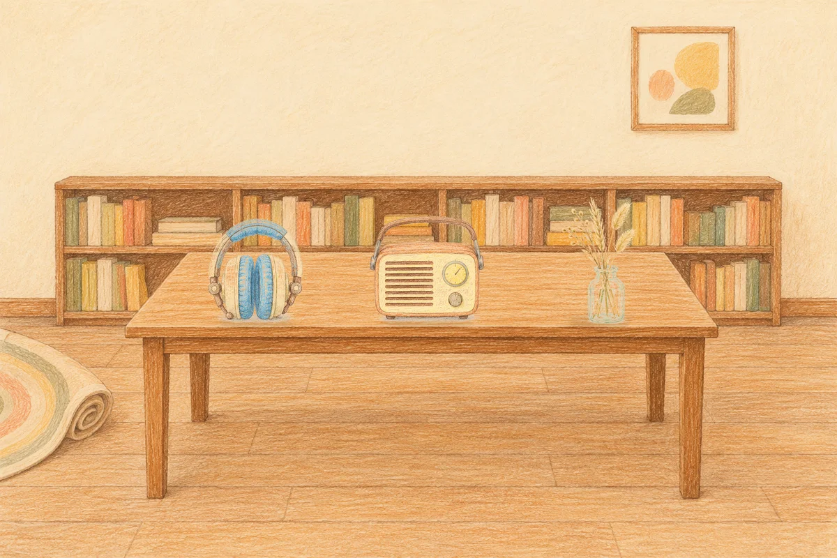 사근동 여성전용 경락 가격 안내 그림, 낮의 서재 긴 책상 위에 놓인 헤드폰, 작은 라디오, 마른 풀을 꽂은 항아리